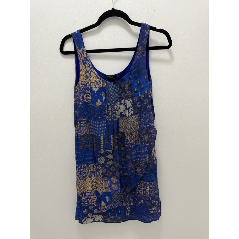 Desigual Blue Patchwork Print Mini Dress Women's 36 Small Sleeveless Boho Tunic